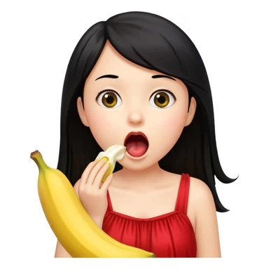 a girl with black hair and red dress rinsing mouth with pale yellow water coming out from a banana from her above sticker