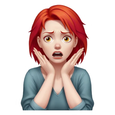 of a white woman with bright red hair, visibly distressed and clutching her neck with both hands, her face conveying a strong sense of panic and fear sticker