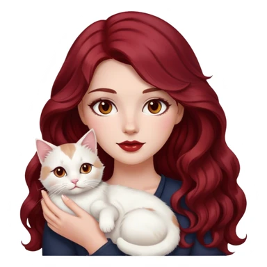 a white girl with soft makeup dark red cherry long wavy hair brown eyes hold a white cat sticker