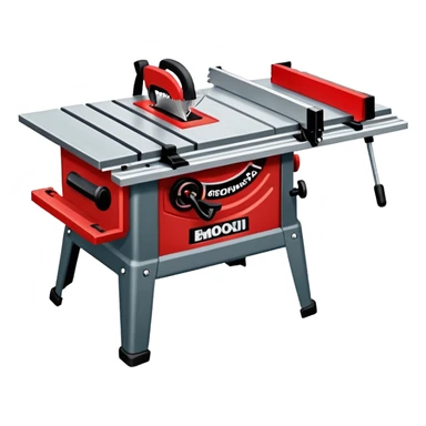 A table saw emoji with a dark wooden table and a red blade sticker