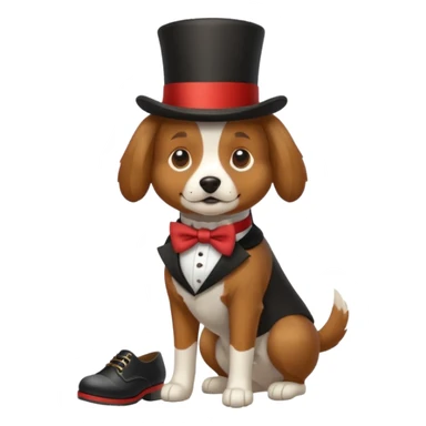 A dog wearing shoes and a top hat sticker