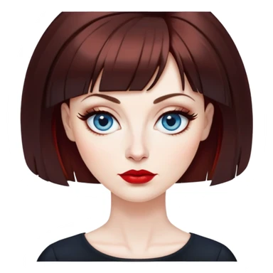 Artistic woman in her 40s with pale skin, oval face, large blue eyes with eyeliner, thin eyebrows, small nose, red lipstick, dark auburn hair with bangs, wearing a black top, mature creative expression sticker