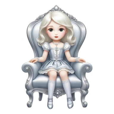 Cinematic and Ultra realistic 32k HD hauntingly beautiful porcelain doll sitting in a chair, Balanced features, highly detailed, glowing with silver light, high shine, remembrance, a painting of white silver, fanciful, enchanting. The image is so lifelike it could leap off the canvas at any moment sticker