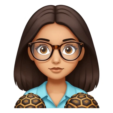 a slight tan girl with long,silky, SHINY dark brown hair, dark brown eyes and brows long thick lashes and glasses with a colour of tortoise shell sticker
