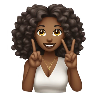 A thick African American woman with long lashes, lip gloss, long nails, and curly long hair, holding up a peace sign sticker
