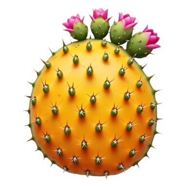 one whole prickly pear fruit with slightly oval shape, smooth skin dotted with tiny subtle spines, skin color vibrant pink to yellow-orange, halved version reveals vivid magenta or golden pulp speckled with small seeds, no cactus pads, knife, or extras, soft lighting, subtle shadows, emoji scale sticker
