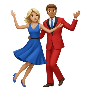 Two people. Man wearing all  RED with brown hair. Women  ALL blue with blond hair. Swing Dancing.  sticker