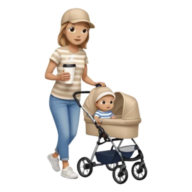 A mom with a brown stroller, a coffee cup attached to it. Inside, a 6-month-old baby boy with light brown hair and blue eyes. The mom is wearing a beige T-shirt and a matching beige cap. The baby is dressed in white sneakers, a white and blue striped T-shirt, and jeans sticker