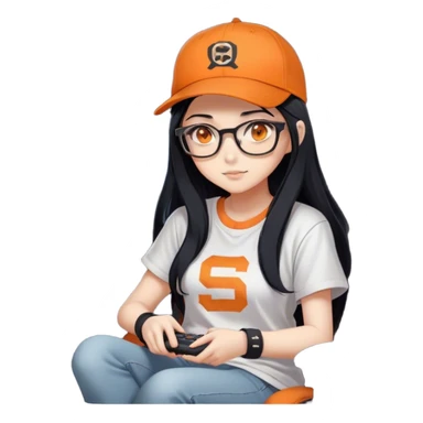 A cute anime girl with long black hair and orange eyes, wearing an oversized t-shirt and an orange baseball cap with a grey band on the front, sits in her gaming chair at night. This image serves as her profile picture on Steam. Wearing glasses with the awesome signature logo. sticker