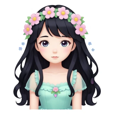 Kawaii anime lady with long black hair wearing a gorgeous pastel fairycore dress with flower details sticker