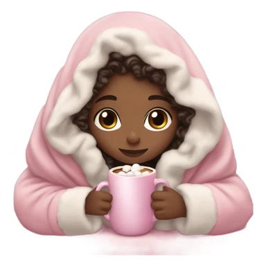 Light skin girl sitting up with dark dark brown curly hair under our pink blanket,make her look like a young  make it so you can see the curly hairsipping hot cocoa with marshmallows, cuddled around the blanket, long curly hair, long, medium lashes sticker