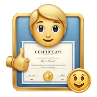 A simple emoji of a certificate document with a seal and a thumbs-up symbol, representing qualification or certification emoji style sticker