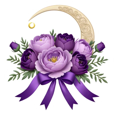 A vintage bouquet of lavender-hued peonies, deep violet roses, and soft lilac pansies, tied together with a silk ribbon in shades of plum and amethyst, rests beneath the glow of a crescent moon. Scattered around are tiny embroidered hearts on a delicate lace handkerchief, while the scent of dried lavender lingers in the cool evening air. sticker