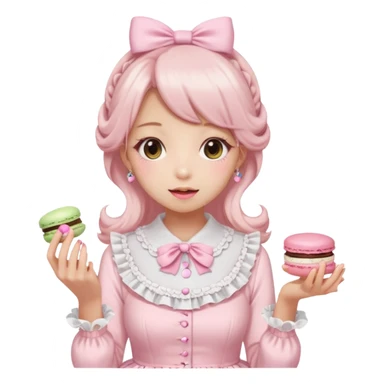 a girl in a light pink lolita hime gyaru dress holding a macaron, emoji style sticker