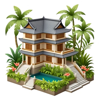 Balinese mansion, isometric dollhouse-style, realistic sticker