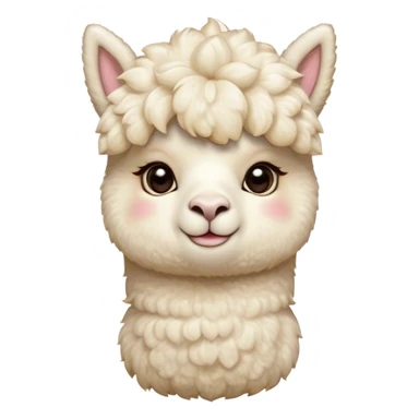 Cinematic Cute Cream Alpaca Portrait Emoji, Head tilted playfully and inquisitively, featuring a fluffy, cream fleece with a natural sheen, round, sparkling gentle eyes filled with curiosity, Simplified yet irresistibly adorable features, highly detailed, glowing with a warm, friendly glow, high shine, affectionate and gentle, stylized with a touch of whimsy, bright and endearing, soft glowing outline, capturing the essence of a mischievous yet loving alpaca, so playful it feels like it could prance out of the screen and into your arms! sticker