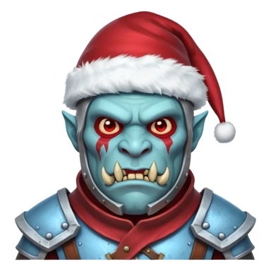 
Fantasy Christmas orc legion soldier icon, iron tundra army theme, heavy winter armor, disciplined brutal look, icy blue steel armor with deep crimson accents, frozen metal texture, cold winter atmosphere, male variant sticker
