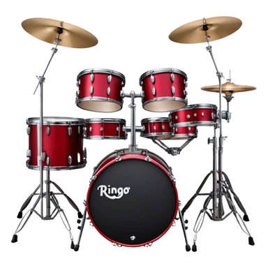 Create a bold and energetic emoji representing Ringo Starr's drum kit with two bass drums. The design should feature the iconic setup of two large bass drums positioned side by side, with snare drums, cymbals, and tom-toms arranged around them. The drums should have a sleek, professional look, with a vintage or classic finish that reflects Ringo Starr's famous style. Add subtle musical notes around the setup to symbolize rhythm and performance. Use colors like deep red, black, and chrome to emphasize the classic rock aesthetic of the kit. The background should be transparent. sticker