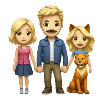 One blonde guy with mustache and one blonde gal kissing and holding hands with a lion on the left and a fox on the right  sticker
