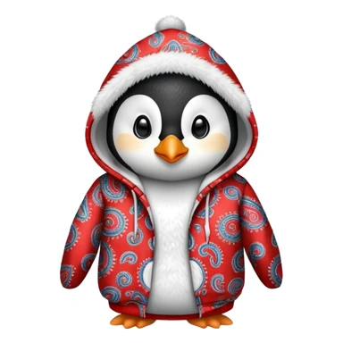 penguin wearing a red paisley pattern hoodie sticker