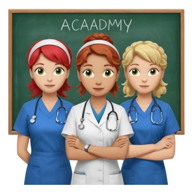 3 nurses: nurse 1 is wearing green work clothes, curly hair, middle european. nurse 2 is wearing blue work clothes, blond straight hair, scandinavic, nurse 3 is wearing white work clothes, red hair put into a bun, slavic. they all stand in a classroom, "Academy" written in white on board sticker