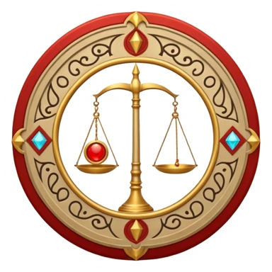A circular casting sigil inspired by the Wizard101 Balance School, featuring ancient alchemical and arcane motifs. The base color is sand, with red trim accents. At the center is a golden balance scale as the primary focal symbol. sticker