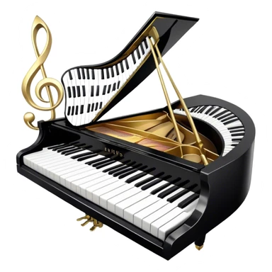 Create an elegant and festive emoji collage representing keyboard instruments, styled like a heraldic emblem. The design should feature a central focal point of black and white piano keys, arranged in a semi-circular or shield-like shape. Around the piano keys, add intertwining musical notes that form flowing ribbons, creating a dynamic and celebratory atmosphere. The design should be professional, with polished silver and gold accents on the keys and notes, highlighting the luxury and sophistication of the instruments. Add subtle shading and lighting effects to give the design a refined, 3D appearance. The background should remain transparent, and the overall feel should evoke grandeur, artistry, and a sense of celebration. sticker