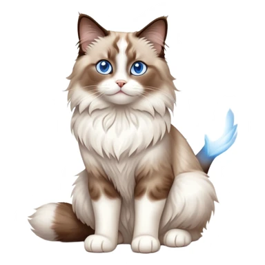 cinematic-[brown and white ragdoll cat]-realistic-full-body-sitting-emoji,-tail-curled-playfully-around-its-paws,-head-tilted-dramatically,-fluffy-[brown and white]-fur,-simplified-yet-realistic-focused-features,-highly-detailed,-glowing-with-an-almost-sarcastic-glow, with blue eyes sticker