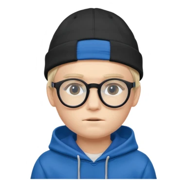 a shy boy wearing thick black glasses (nerd) and hide all his hair under a blue cap, wearing a normal hoodie (ios memoji) sticker