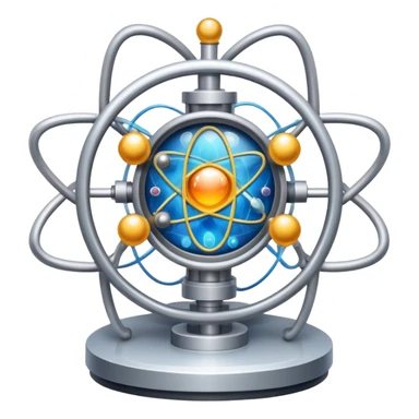 An icon featuring a large particle collider, atom symbols, and energy waves, symbolizing the field of physics. The design includes a lab setup with scientific equipment, representing experiments and fundamental forces of nature. Transparent background highlights the exploration of matter and energy. sticker