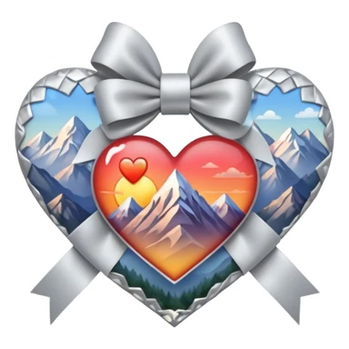 heart with a mountain sunrise, silver bow with heart pattern on the bow, apple emoji style sticker