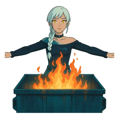  young woman with gold yellow eyes, white hair, long braid, black off-shoulder top, punk gothic style, futuristic cyberwave cyberpunk,, she is calmly t-posing , there is a dumpster fire in front of her sticker