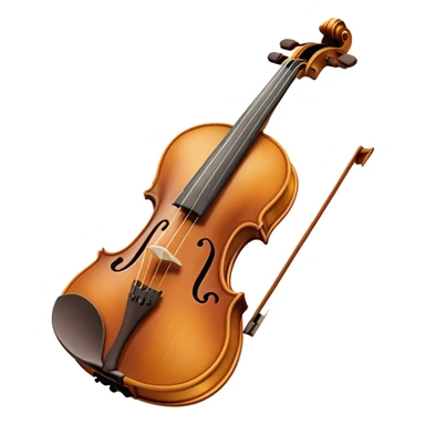 Create an elegant and detailed emoji representing a Stradivari violin. The design should showcase the finely crafted wooden body of the violin, with its smooth curves and rich, golden-brown wood finish. Highlight the intricate f-holes, fingerboard, and bridge. The bow should be placed next to the violin, with visible horsehair and a polished wooden stick. Use warm, deep wood tones for the body and subtle silver or gold accents for the fittings. Add a soft glow or light reflections to emphasize the exquisite craftsmanship and timeless beauty of the instrument. The background should be transparent. sticker