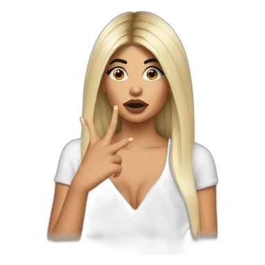 Kylie Jenner with hair to her arms wondering and holding her finger on her lips sticker