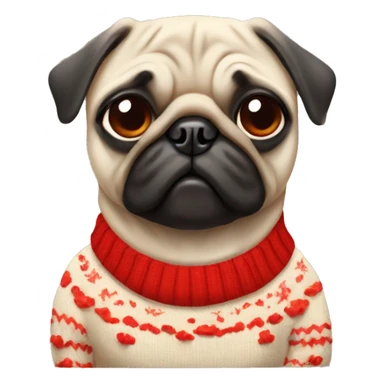 Pug dog wearing a sweater with red mushrooms sticker