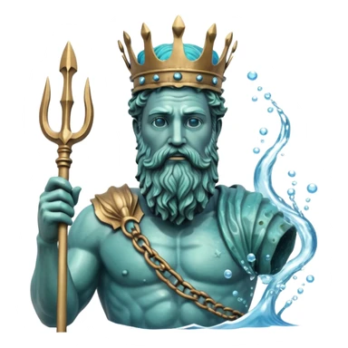 Bust of Poseidon underwater, Greek god with beard and crown, sea god statue with trident, bubbles around, blue water background sticker