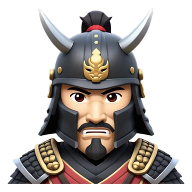 clash-of-clans-aesthetic_-cinematic-fearsome-and-majestic-samurai-bust-portrait-emoji, rendered in a flat, vector-style with minimal shading and bold, simplified shapes typical of emoji art, depicting a battle-hardened samurai with black mask and traditional black Japanese armor. The samurai is riding a noble grey warhorse adorned with an intricately designed saddle and fluttering banners and a rising sun. a samurai on a   horse sticker