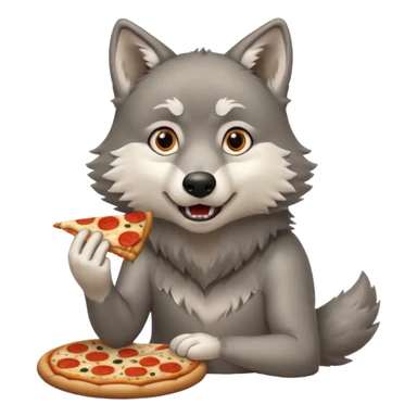 a sitting surprised grey wolf eating a piece of pizza emoji sticker