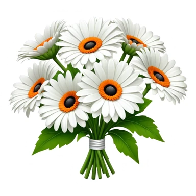 bouquet White Gerbera Daisy, luxuriant, leaf, bud, black pollen, orange style sticker
