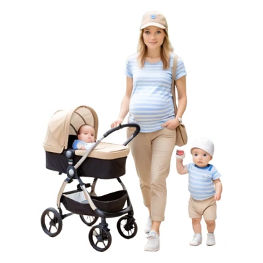 A mom with a brown stroller, a coffee cup attached to it. Inside, a 6-month-old baby boy with light brown hair and blue eyes. The mom is wearing a beige T-shirt and a matching beige cap. The baby is dressed in white sneakers, a white and blue striped T-shirt, and jeans sticker