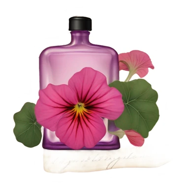 Aesthetic display of blush violet nasturtiums, an elegant deep pink perfume bottle, and a vintage love violet letter written in flowing script. sticker