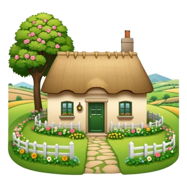 A countryside cottage with a thatched roof, wooden door, flowers around the house, green fields, peaceful rural scenery, natural lighting, detailed and realistic sticker