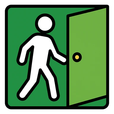 minimalistic icon of a white human figure walking through an open outlined door, viewed from the front, door with visible doorknob, solid green background, flat simple clean lines, high contrast sticker