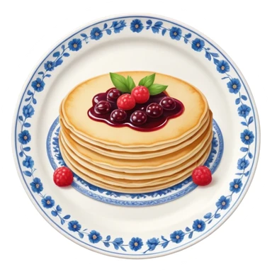 scandinavian round crepes with jam on white porcelain plate with blue floral vintage design sticker