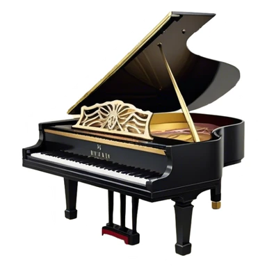 Create a sophisticated and celebratory emoji collage representing keyboard instruments, designed in the style of a coat of arms or crest. The design should feature a central, surrounded by a ribbon of musical notes. The ribbon should intertwine with a second ribbon made of black-and-white piano keys, creating a flowing, symmetrical pattern. Include delicate, elegant details such as the pedals of the grand piano, intricate woodwork, and the glossy, polished surface of the instrument. The musical notes should be swirling around the design in a harmonious, festive arrangement. Use gold, silver, and rich wood tones to evoke a sense of luxury and professionalism, with the black-and-white keys of the piano adding contrast. The background should remain transparent sticker