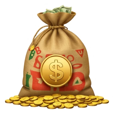 sack of money with a classic play icon (white triangle on dark circle) printed on it, no dollar sign, coins stacked beside sticker