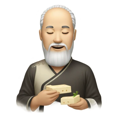 Chinese with closed eyes eating tofu and has twirly beard sticker