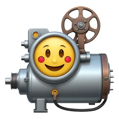 Industrial mechanical motor with a smiley face, emoji for the new electric music genre Motor breaks must be friendly and sellable must be small but clear child friendly, ready to use as a logo, motor synth make sure it's not Cold the Face must look like it's part of the machine sticker