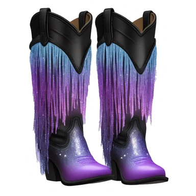 Realistic pastel purple to black ombre pair of fashion cowgirl boots with sparkly shiny glitter fringe on them. sticker