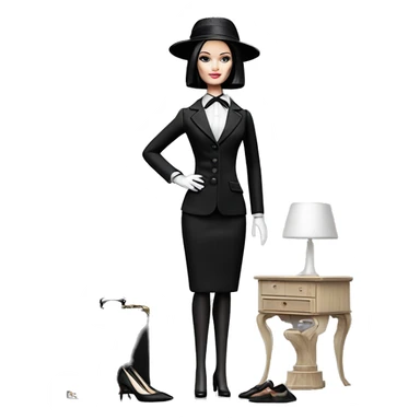 Afternoon Suit Barbie. Wednesday Addams at home. stilettos, gloves, picture hat, Very Pale-white porcelain skin.  sticker